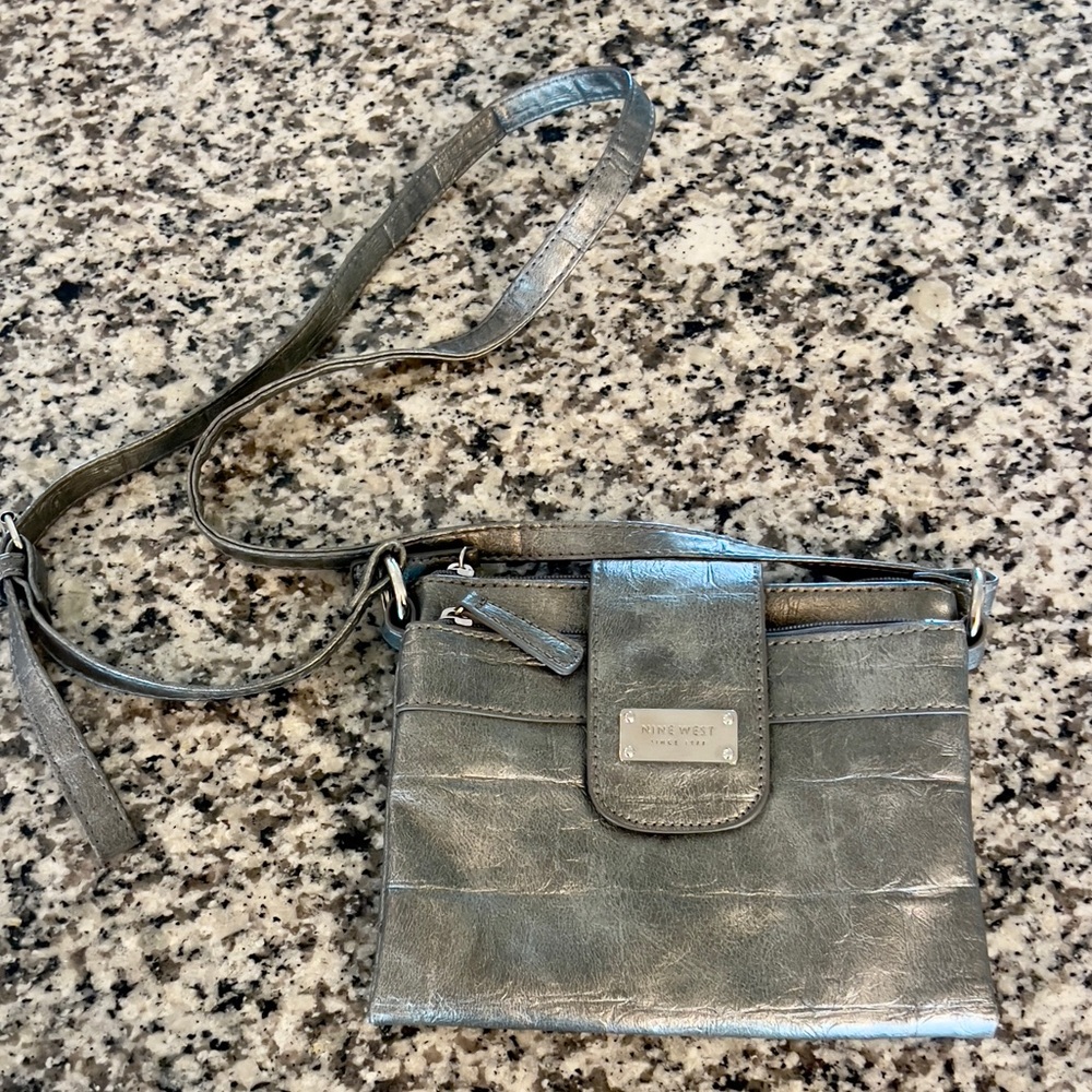 Nine West Y2K Pewter Leather Crossbody Bag